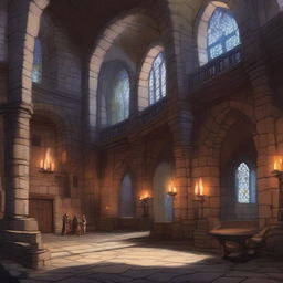 A detailed scene of the interior of a grand castle set in the Dungeons & Dragons universe