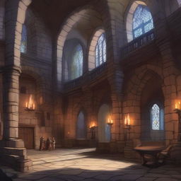 A detailed scene of the interior of a grand castle set in the Dungeons & Dragons universe