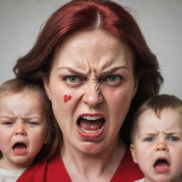 An extremely angry mother, face red with irritation, illustrated in an intense situation with her three greatly fearful children.