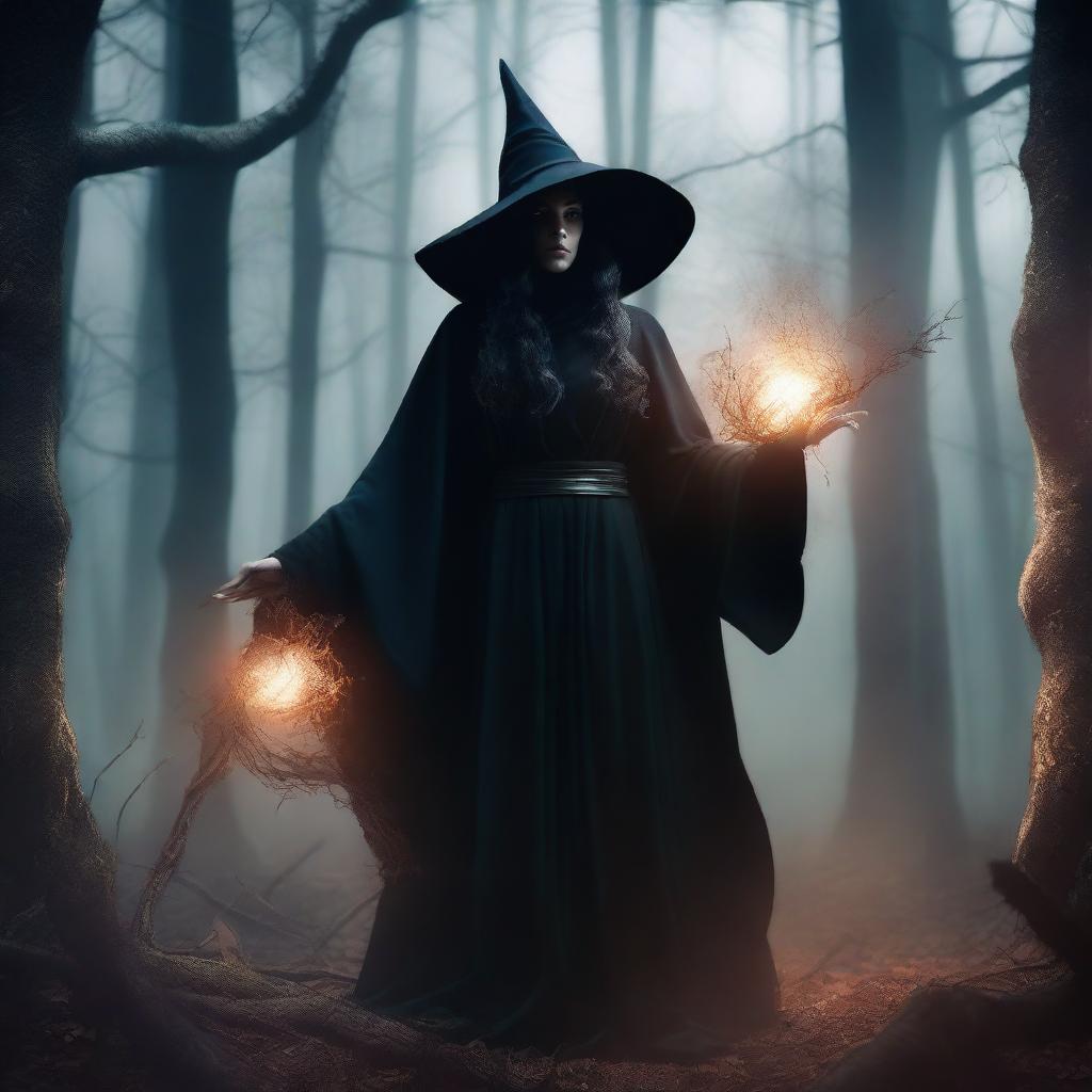 A powerful and scary level 3 witch, dressed in dark robes, casting a spell in a mystical forest with a sinister atmosphere