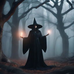 A powerful and scary level 3 witch, dressed in dark robes, casting a spell in a mystical forest with a sinister atmosphere