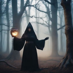 A powerful and scary level 3 witch, dressed in dark robes, casting a spell in a mystical forest with a sinister atmosphere