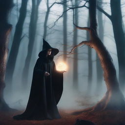 A powerful and scary level 3 witch, dressed in dark robes, casting a spell in a mystical forest with a sinister atmosphere