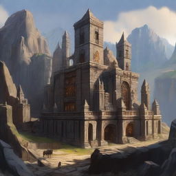 A grand dwarven fortress set in a mountainous landscape