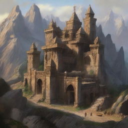 A grand dwarven fortress set in a mountainous landscape