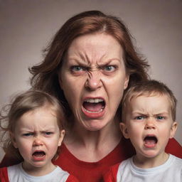 An extremely angry mother, face red with irritation, illustrated in an intense situation with her three greatly fearful children.