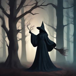 A powerful and scary level 1 witch, who is short in stature, dressed in dark robes, casting a spell in a mystical forest with a sinister atmosphere