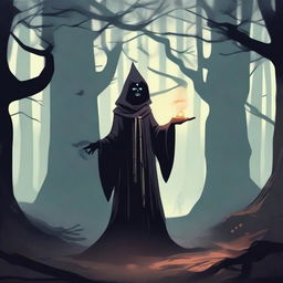 A powerful and scary level 1 witch, who is short in stature, dressed in dark robes, casting a spell in a mystical forest with a sinister atmosphere