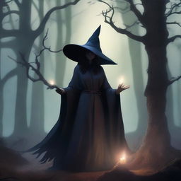 A powerful and scary level 1 witch, who is short in stature, dressed in dark robes, casting a spell in a mystical forest with a sinister atmosphere