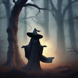 A powerful and scary level 1 witch, who is short in stature, dressed in dark robes, casting a spell in a mystical forest with a sinister atmosphere