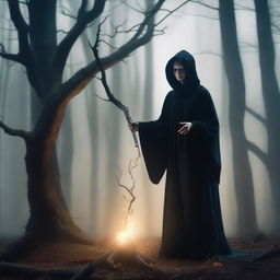 A powerful and scary level 1 witch, who is short in stature like Dobby, dressed in dark robes, casting a spell in a mystical forest with a sinister atmosphere