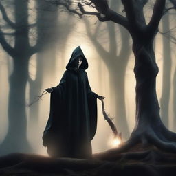 A powerful and scary level 1 witch, who is short in stature like Dobby, dressed in dark robes, casting a spell in a mystical forest with a sinister atmosphere