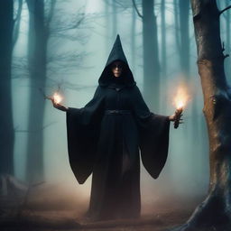 A powerful and scary level 1 witch, who is short in stature like Dobby, dressed in dark robes, casting a spell in a mystical forest with a sinister atmosphere