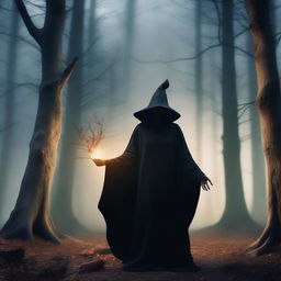 A powerful and scary level 1 witch, who is short in stature like Dobby, dressed in dark robes, casting a spell in a mystical forest with a sinister atmosphere