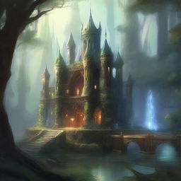 An ethereal elven fortress nestled in an ancient forest