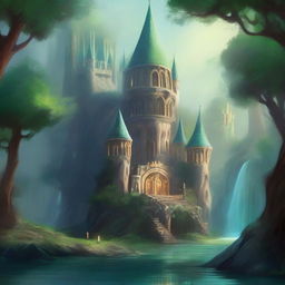 An ethereal elven fortress nestled in an ancient forest