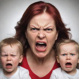 An extremely angry mother, face red with irritation, illustrated in an intense situation with her three greatly fearful children.