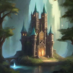 An ethereal elven fortress nestled in an ancient forest