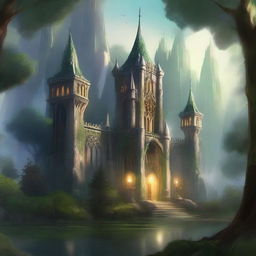 An ethereal elven fortress nestled in an ancient forest