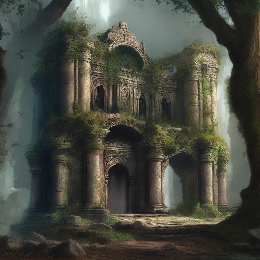 An elven fortress in decline, set in an overgrown forest