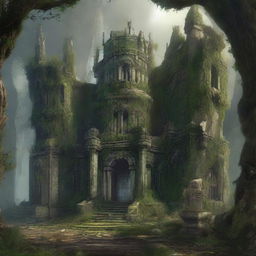 An elven fortress in decline, set in an overgrown forest