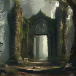 An elven fortress in decline, set in an overgrown forest