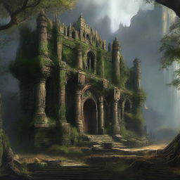 An elven fortress in decline, set in an overgrown forest