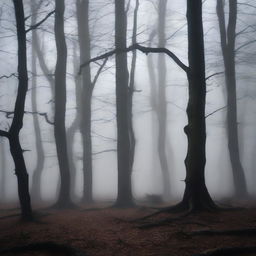 A dark and eerie forest with twisted, gnarled trees and a thick fog that blankets the ground