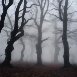 A dark and eerie forest with twisted, gnarled trees and a thick fog that blankets the ground