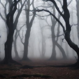 A dark and eerie forest with twisted, gnarled trees and a thick fog that blankets the ground