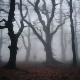 A dark and eerie forest with twisted, gnarled trees and a thick fog that blankets the ground