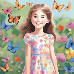 A detailed illustration of a young girl with a joyful expression, wearing a colorful dress, standing in a beautiful garden filled with flowers and butterflies