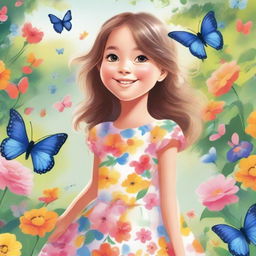 A detailed illustration of a young girl with a joyful expression, wearing a colorful dress, standing in a beautiful garden filled with flowers and butterflies