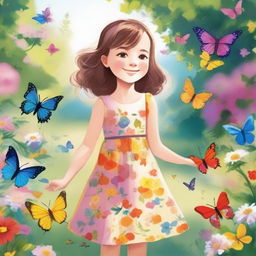 A detailed illustration of a young girl with a joyful expression, wearing a colorful dress, standing in a beautiful garden filled with flowers and butterflies