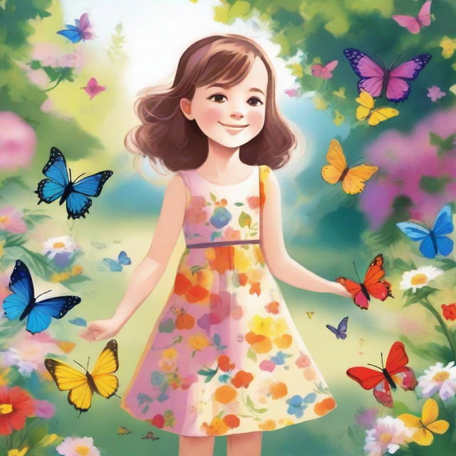 A detailed illustration of a young girl with a joyful expression, wearing a colorful dress, standing in a beautiful garden filled with flowers and butterflies