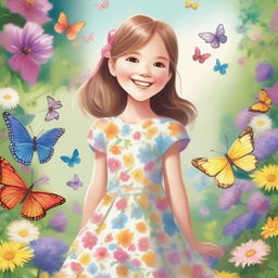 A detailed illustration of a young girl with a joyful expression, wearing a colorful dress, standing in a beautiful garden filled with flowers and butterflies