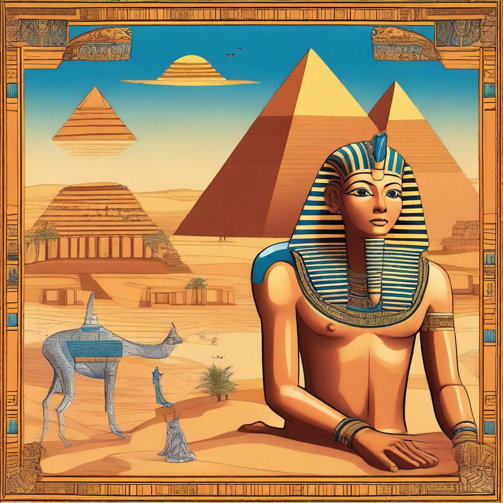 A detailed and vibrant illustration of ancient Egypt, featuring pyramids, the Sphinx, and hieroglyphics