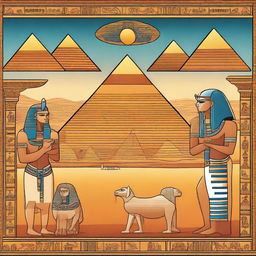 A detailed and vibrant illustration of ancient Egypt, featuring pyramids, the Sphinx, and hieroglyphics