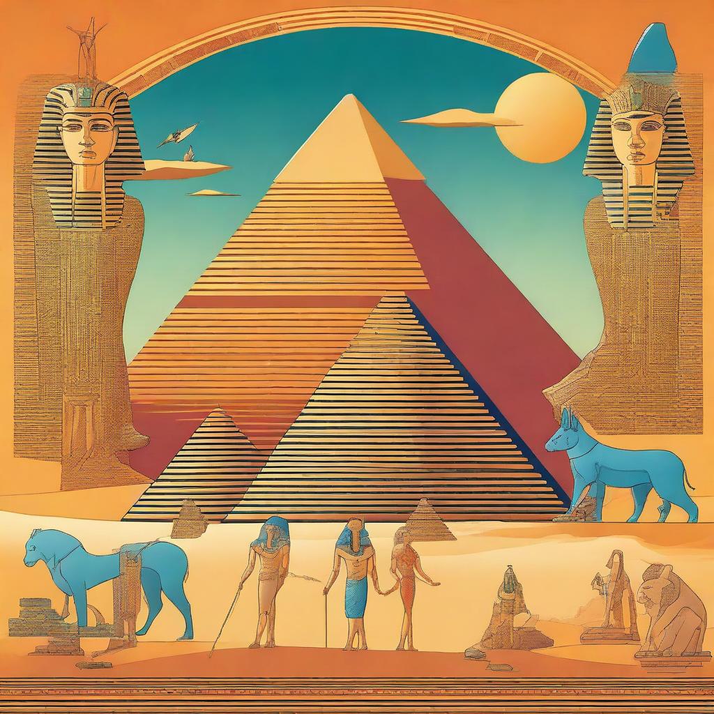 A detailed and vibrant illustration of ancient Egypt, featuring pyramids, the Sphinx, and hieroglyphics