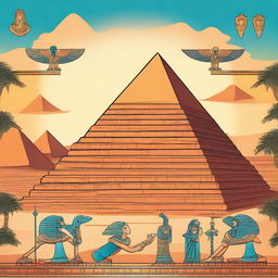 A detailed and vibrant illustration of ancient Egypt, featuring pyramids, the Sphinx, and hieroglyphics