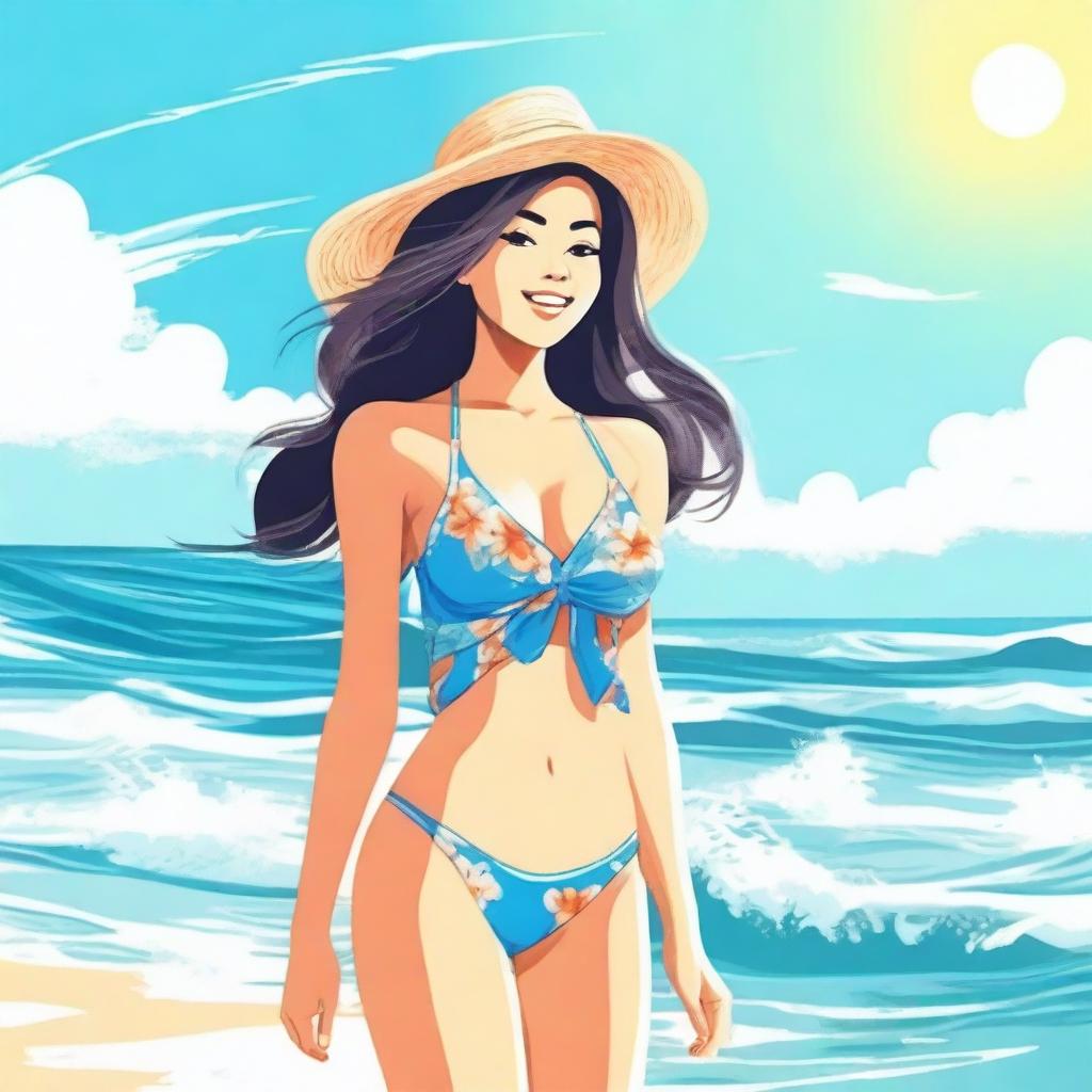 A cute girl in a beach setting, wearing a stylish swimsuit, enjoying the sun and surf