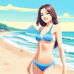 A cute girl in a beach setting, wearing a stylish swimsuit, enjoying the sun and surf