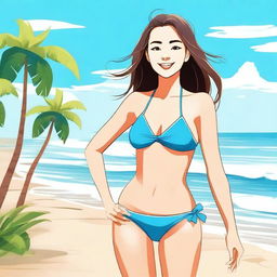 A cute girl in a beach setting, wearing a stylish swimsuit, enjoying the sun and surf