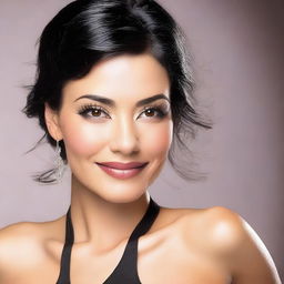 Create an image of a beautiful woman with black hair and brown eyes, showcasing Latin appearance