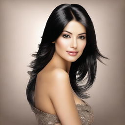 Create an image of a beautiful woman with black hair and brown eyes, showcasing Latin appearance