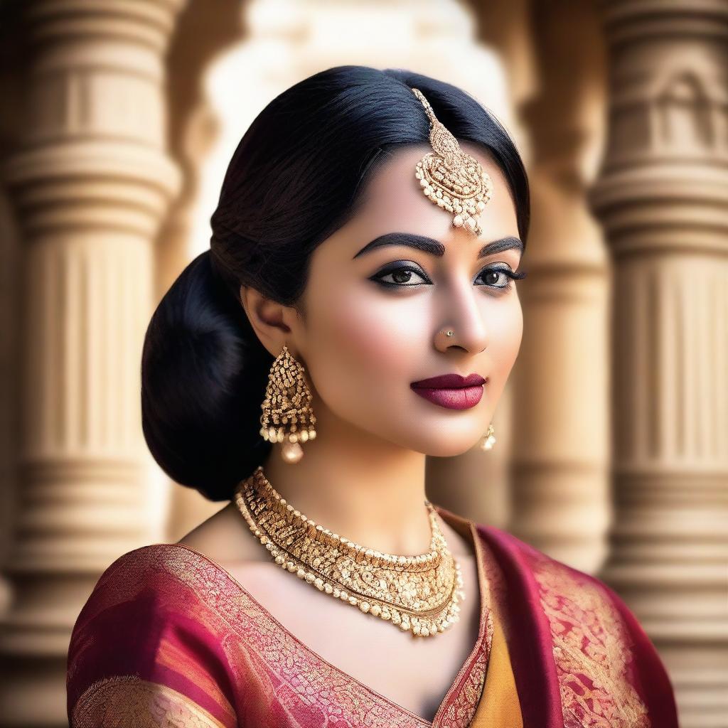 A beautiful Indian woman with traditional attire, featuring intricate jewelry and a vibrant sari