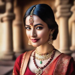 A beautiful Indian woman with traditional attire, featuring intricate jewelry and a vibrant sari