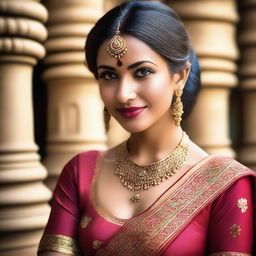 A beautiful Indian woman with traditional attire, featuring intricate jewelry and a vibrant sari