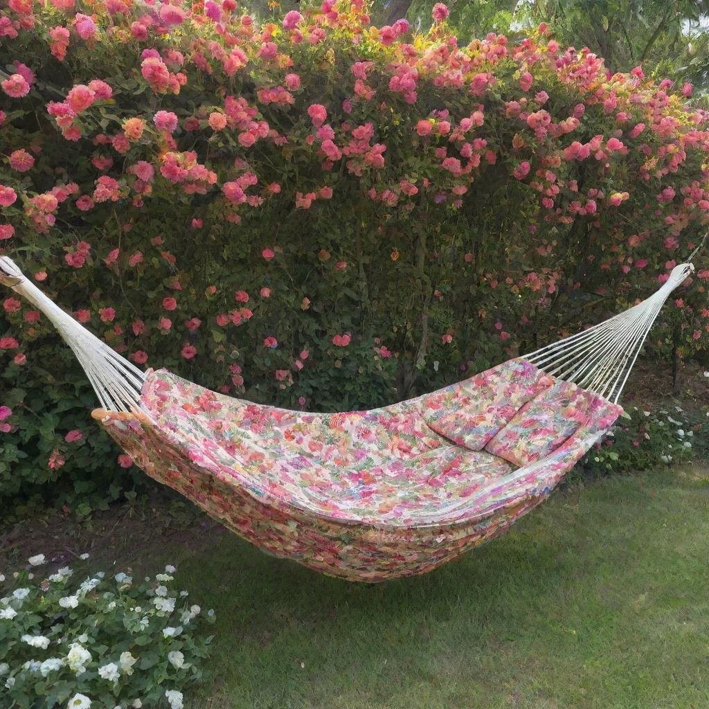 A vibrant birdcage styled hammock amidst blooming malvon flowers