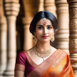 A beautiful Indian woman with traditional attire, featuring intricate jewelry and a vibrant sari